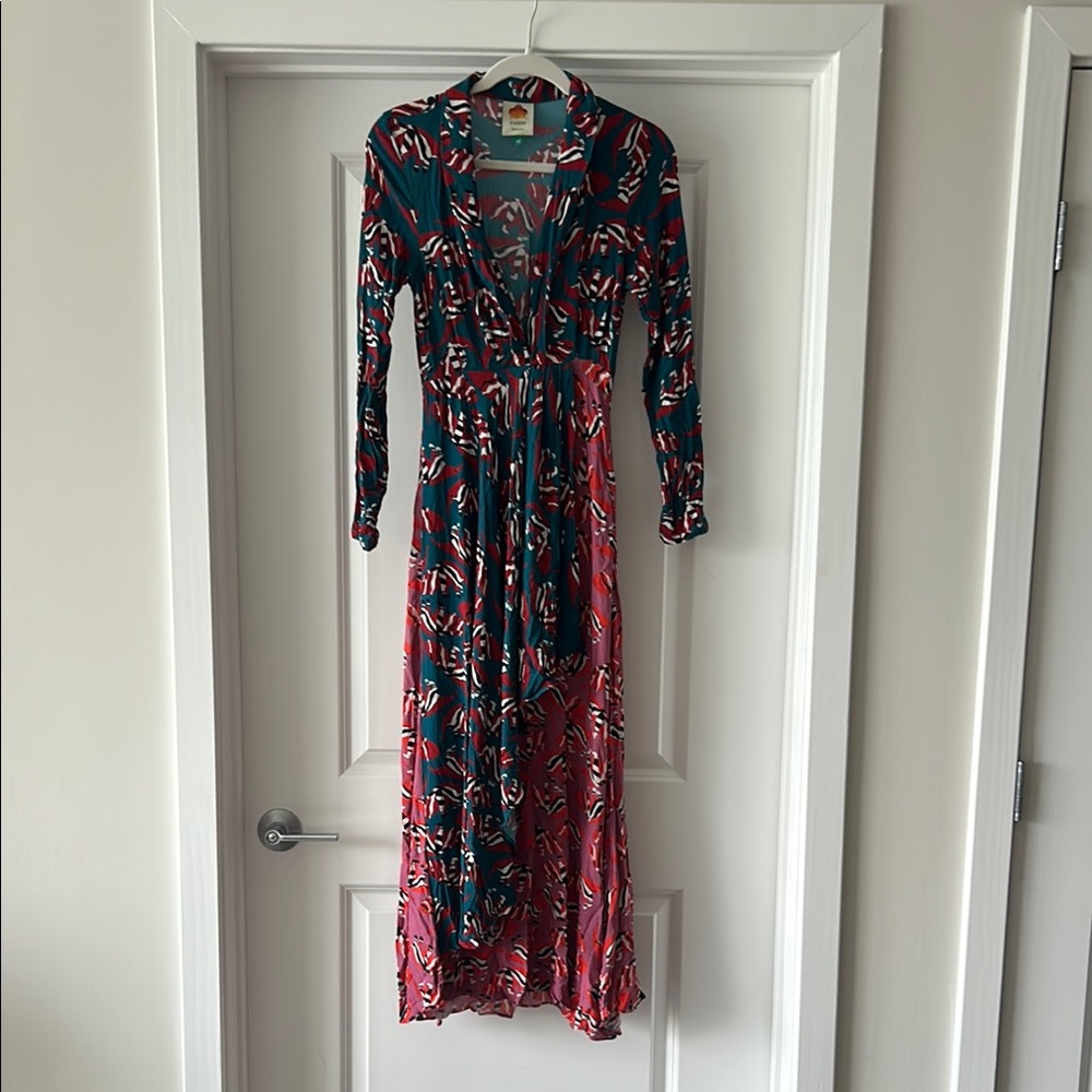 FARM Rio Pink and Red V-Neck Long Sleeve Maxi Sundress